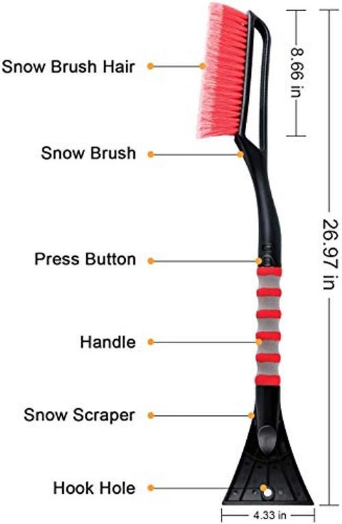 Red 27&Prime; Snow Brush & Ice Scraper with Ergonomic Foam Grip – Detachable