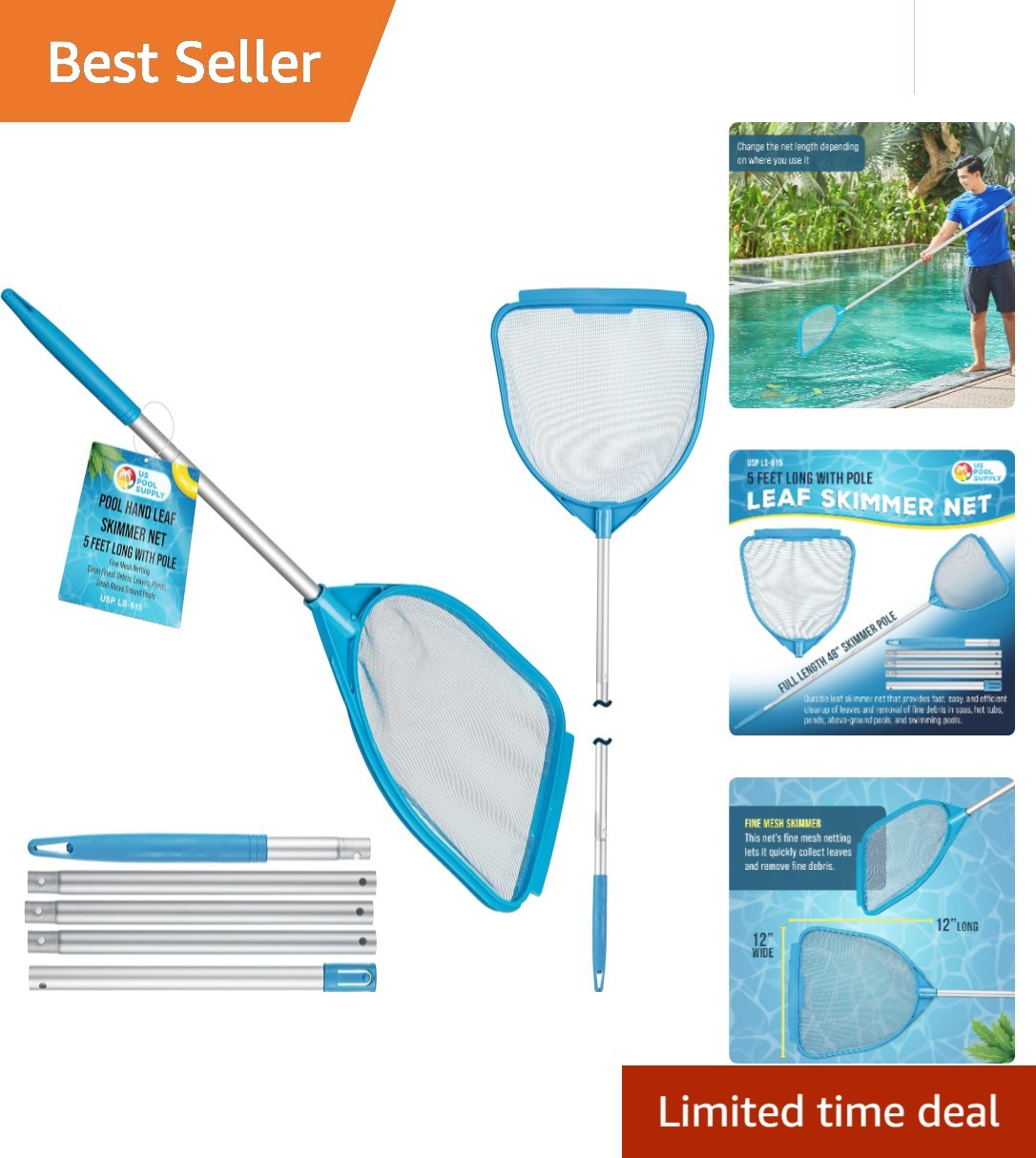 Professional Quality Handheld Pool Skimmer Net – 32&Prime; to 5&prime; Adjustable Length