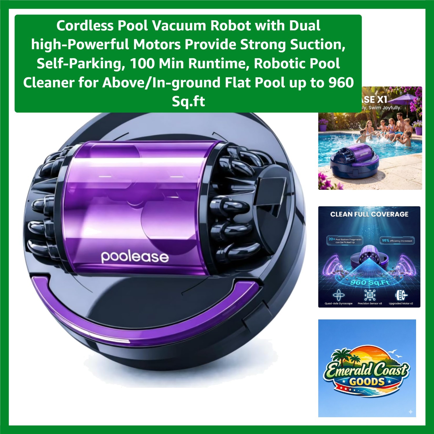 High-Power Cordless Pool Cleaner – Self-Parking and 100 Min Operation, 960 sq.ft