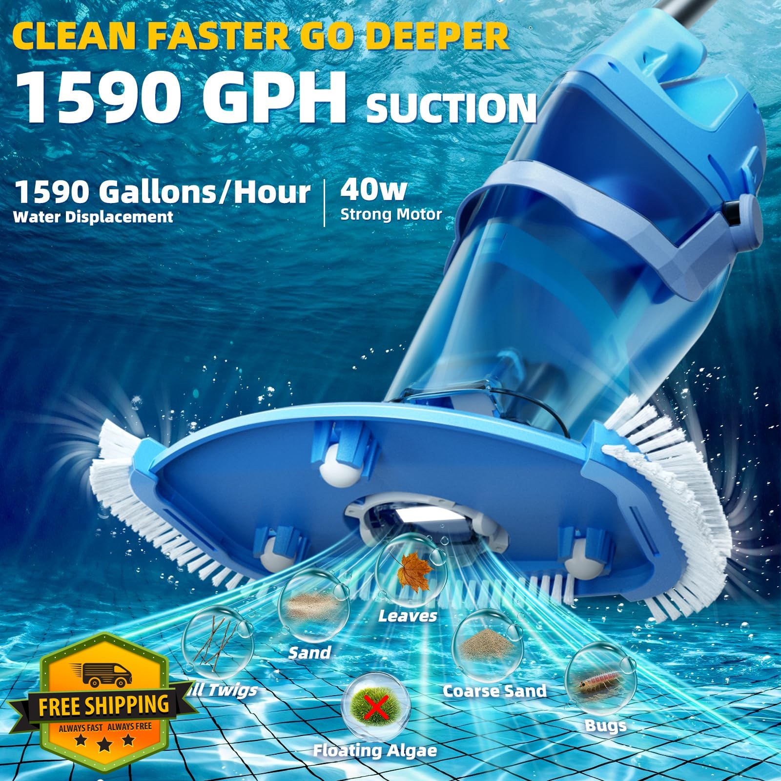 Cordless Pool Vacuum Above and Inground Pools, Powerful 1590 GPH Suction,Hand…