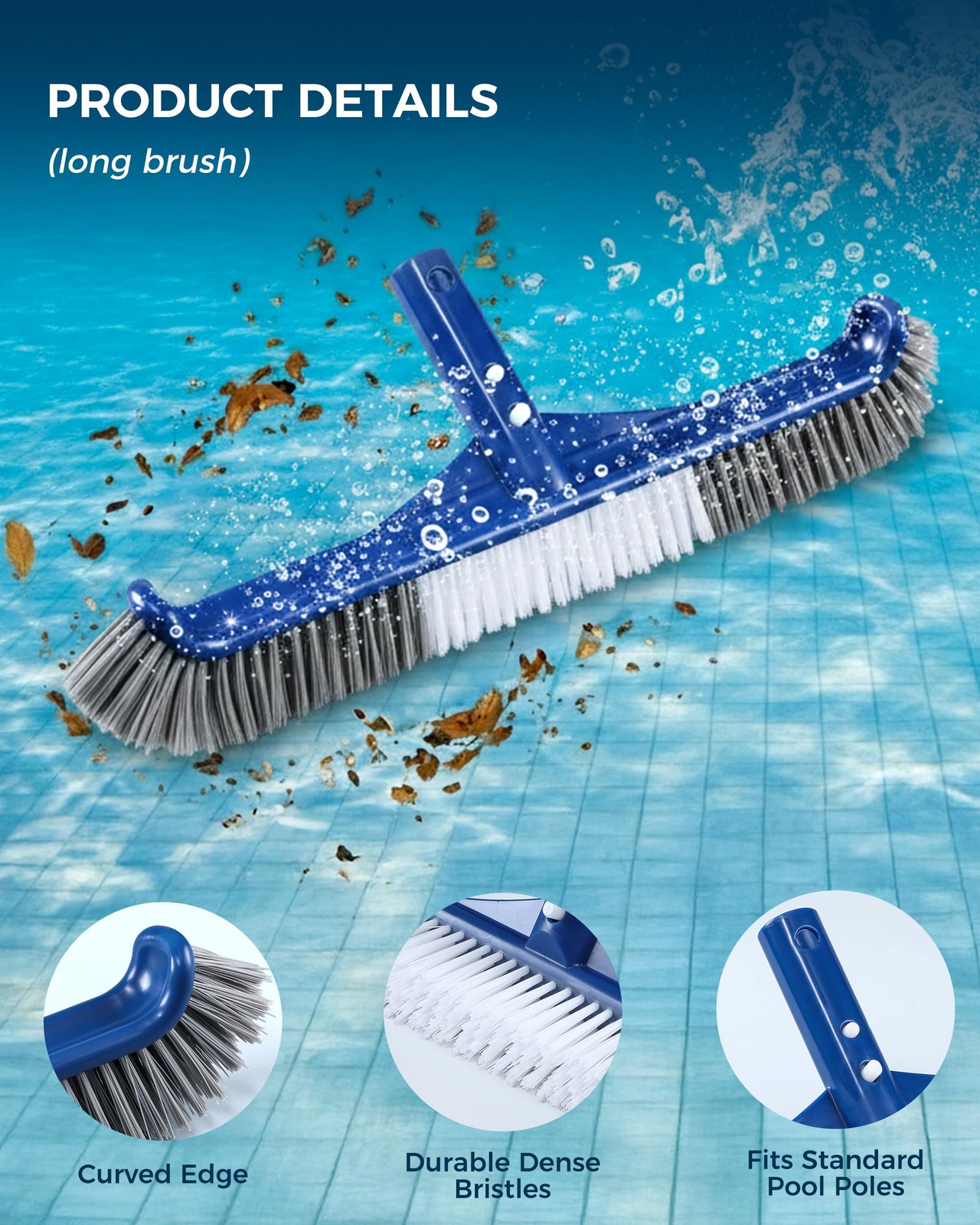 3-in-1 Full-Coverage Pool Brush Head Set – 17.5 inches, Blue, White, Grey