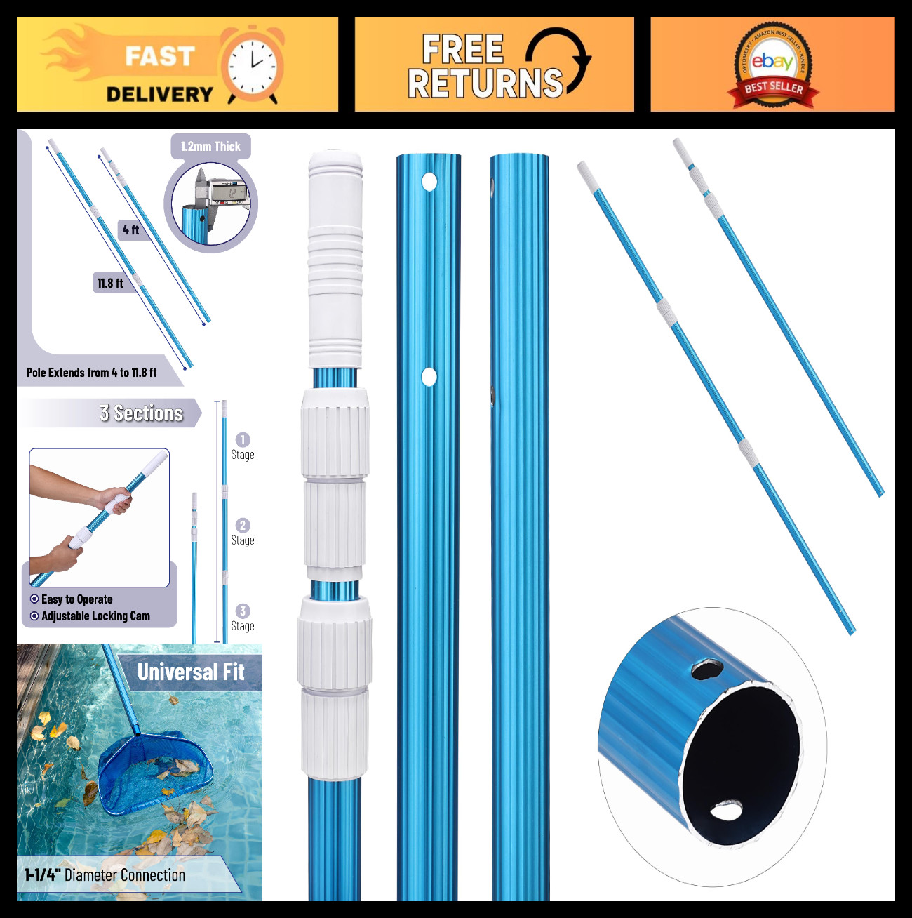 Telescopic Pool Cleaning Pole 12ft Adjustable 3pc Skimmer Brush Maintenance Tool