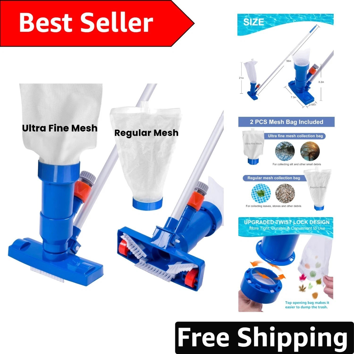 Energy-Efficient Jet Pool Vacuum Cleaner with Brush & 56&Prime; Pole – No Electricity