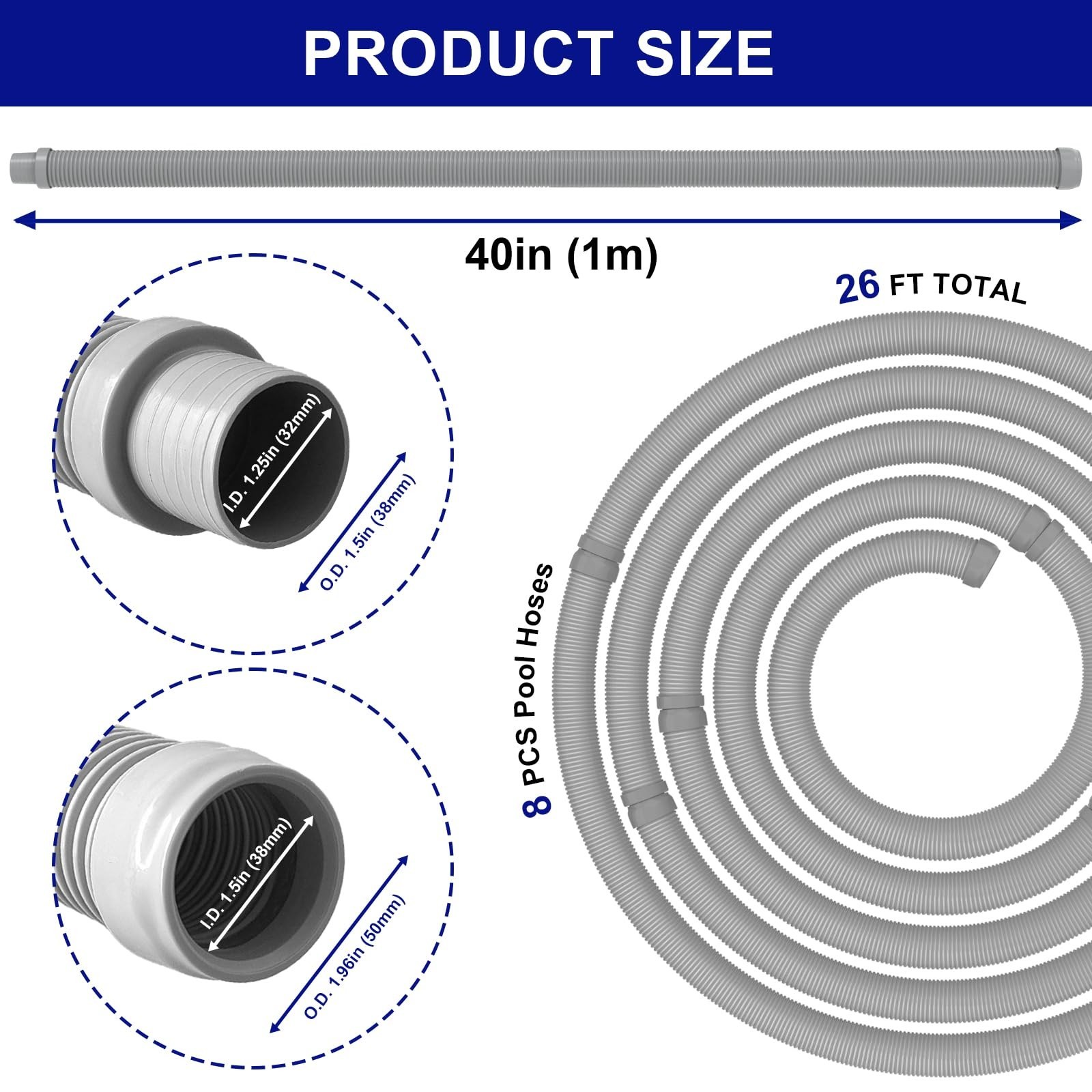 8-Piece 1.5” Pool Vacuum Cleaner Hose Set – Extension/Replacement for All Cleane