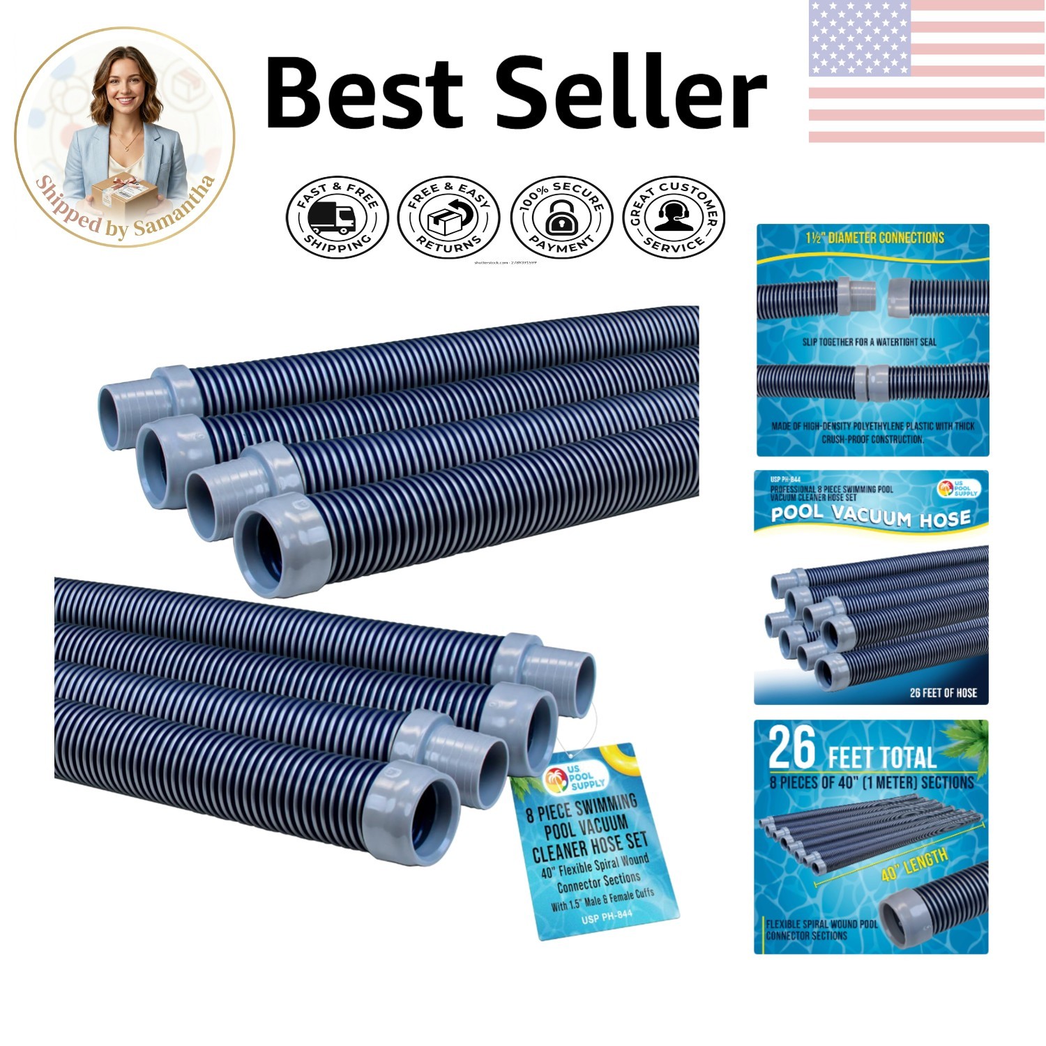 High-Density Polyethylene Pool Vacuum Hose – 40&Prime; Sections with Easy Install