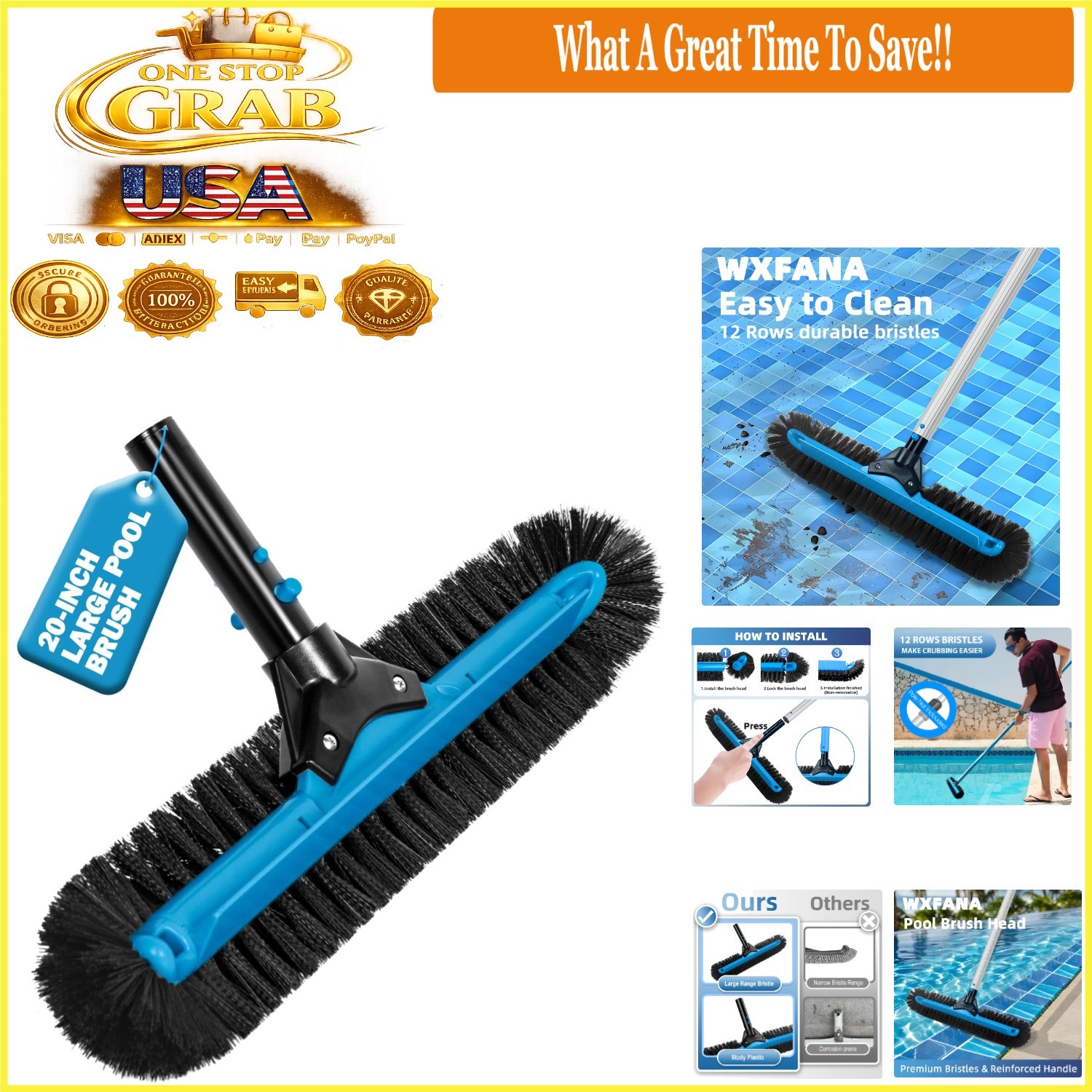 20-Inch Heavy Duty Pool Brush with 12 Rows Soft Bristles Vinyl Safe