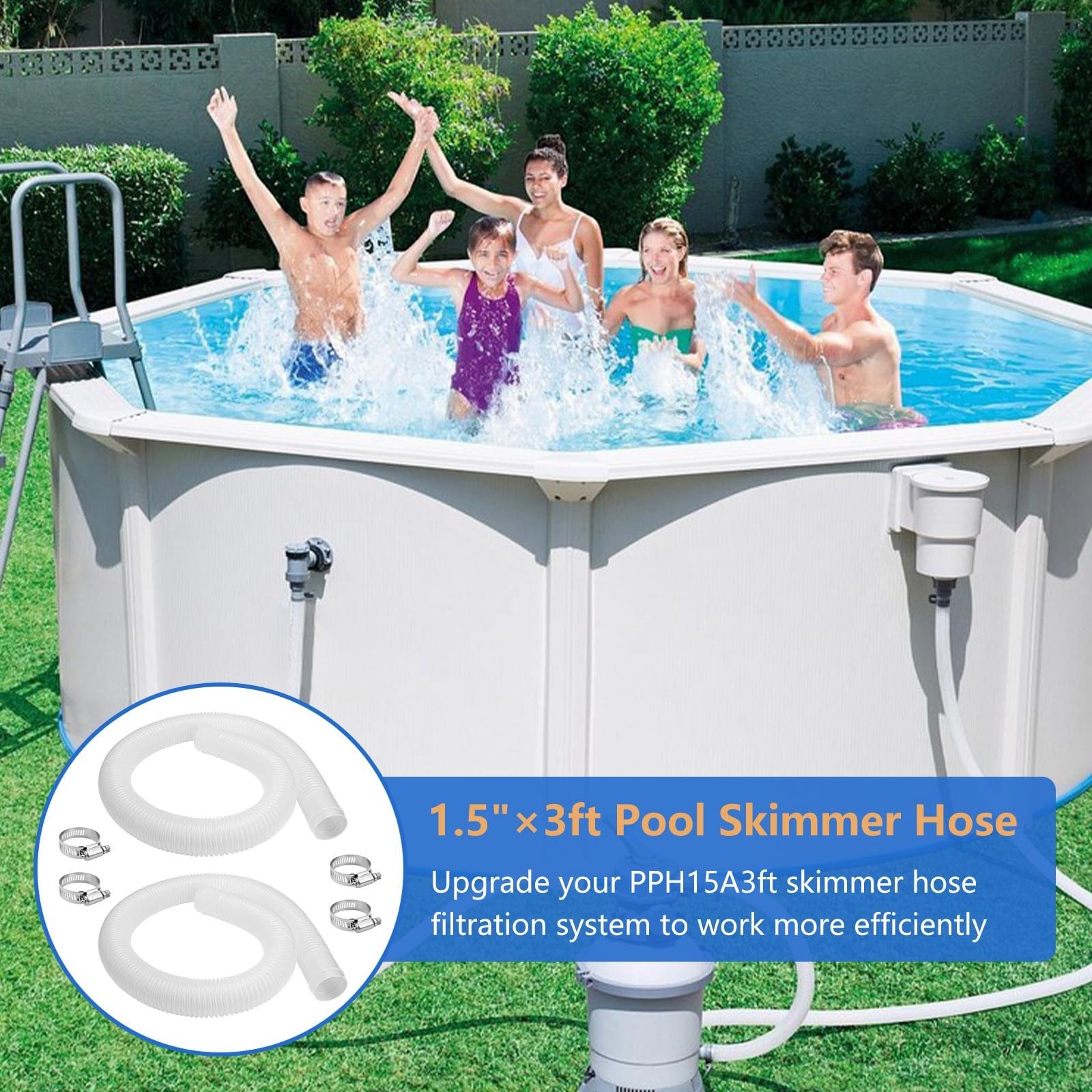 1.5&Prime; x 3ft Pool Skimmer Hose Replacement for Above Ground Pools – 2 Pack