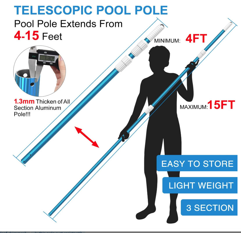 15ft 1.3mm Blue Telescopic Pool Pole, 3-Piece, Fits Skimmers, Brushes, Vacs