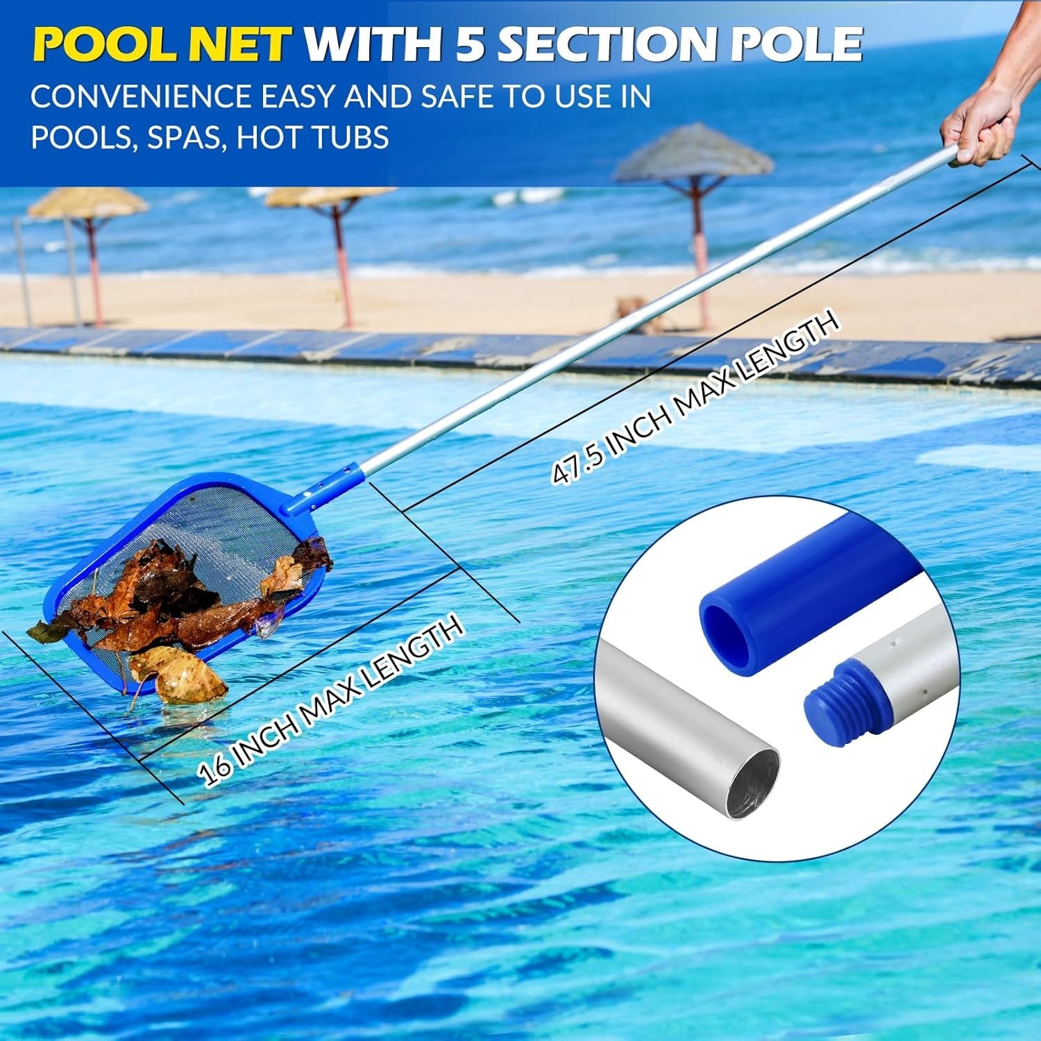 Durable Aluminum Pool Skimmer Net – Telescopic Pole 23 » to 60 » for All Pools