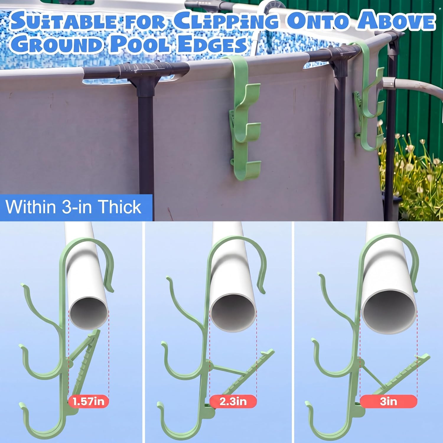 2 Pack Adjustable Pool Pole Hanger with 3 Hooks, Pool Fence Hooks Clip-On Poolsi