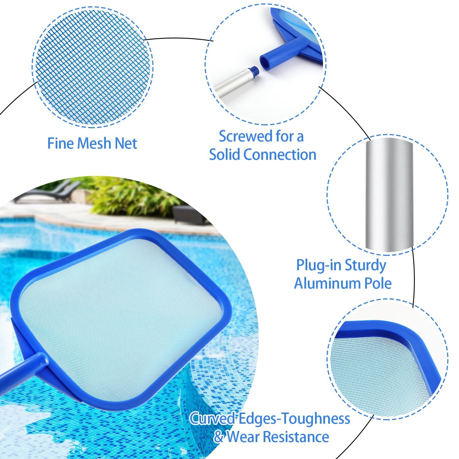 Pool Leaf Skimmer, 5 Section Aluminum Pole, Ultra Fine Mesh Net, Blue