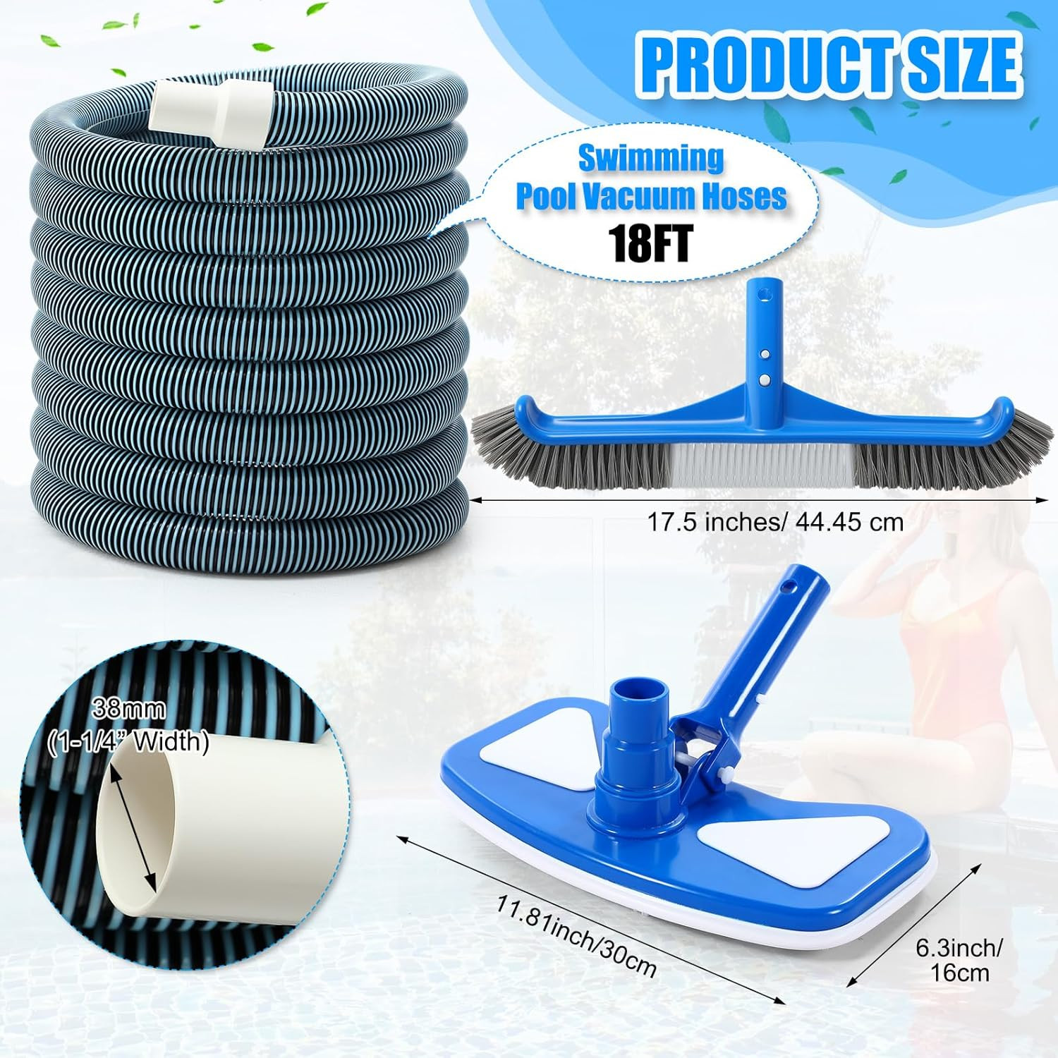 3 Pcs Pool Cleaning Kit Swimming Pool Vacuum Head Hoses 1-1/2&Prime; X 30Ft with Swive