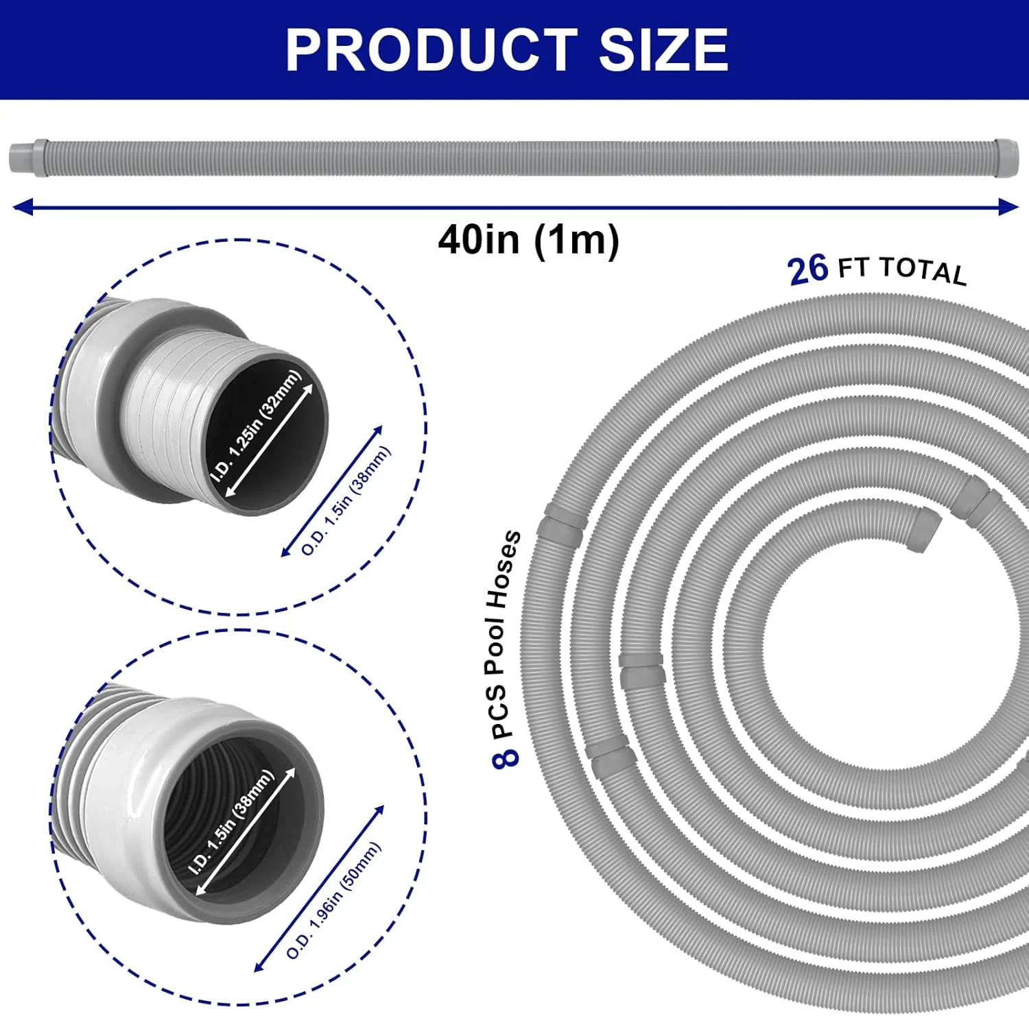 Poolvio Professional Swimming Pool Vacuum Cleaner Hose -1.5&Prime; 8 Piece Hoses for P