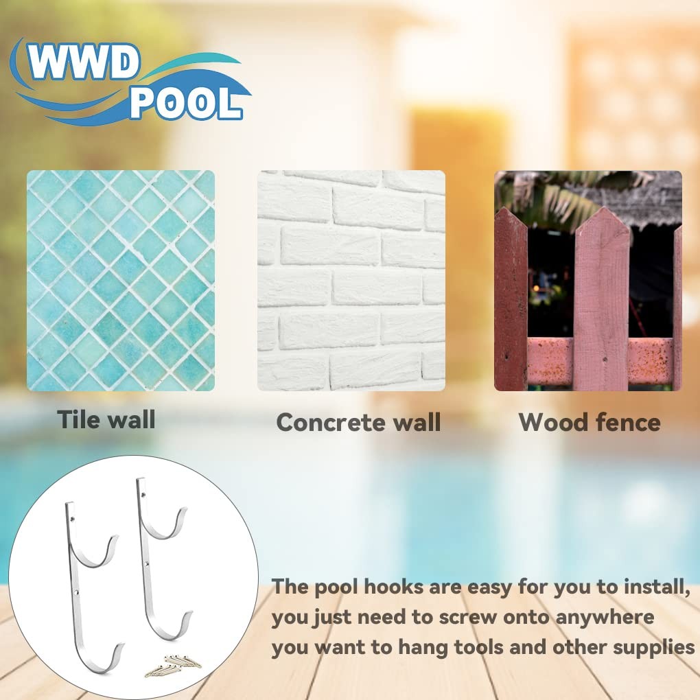 Aluminum Pool Pole Hanger Set with 2 Hooks for Rakes, Nets, and Brushes