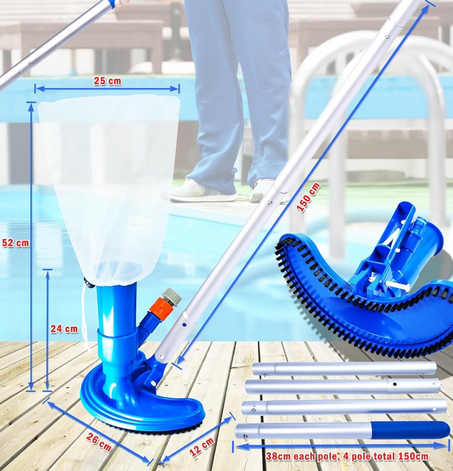 Portable Pool Vacuum Cleaner Kit with Telescopic Aluminium Pole & Fine Mesh L…