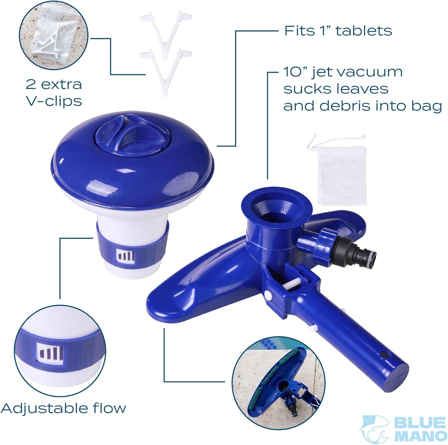 Blue Mano 6-Pc Spa/Pool Cleaning Kit: Vacuum, Skimmer, Brush, Pole