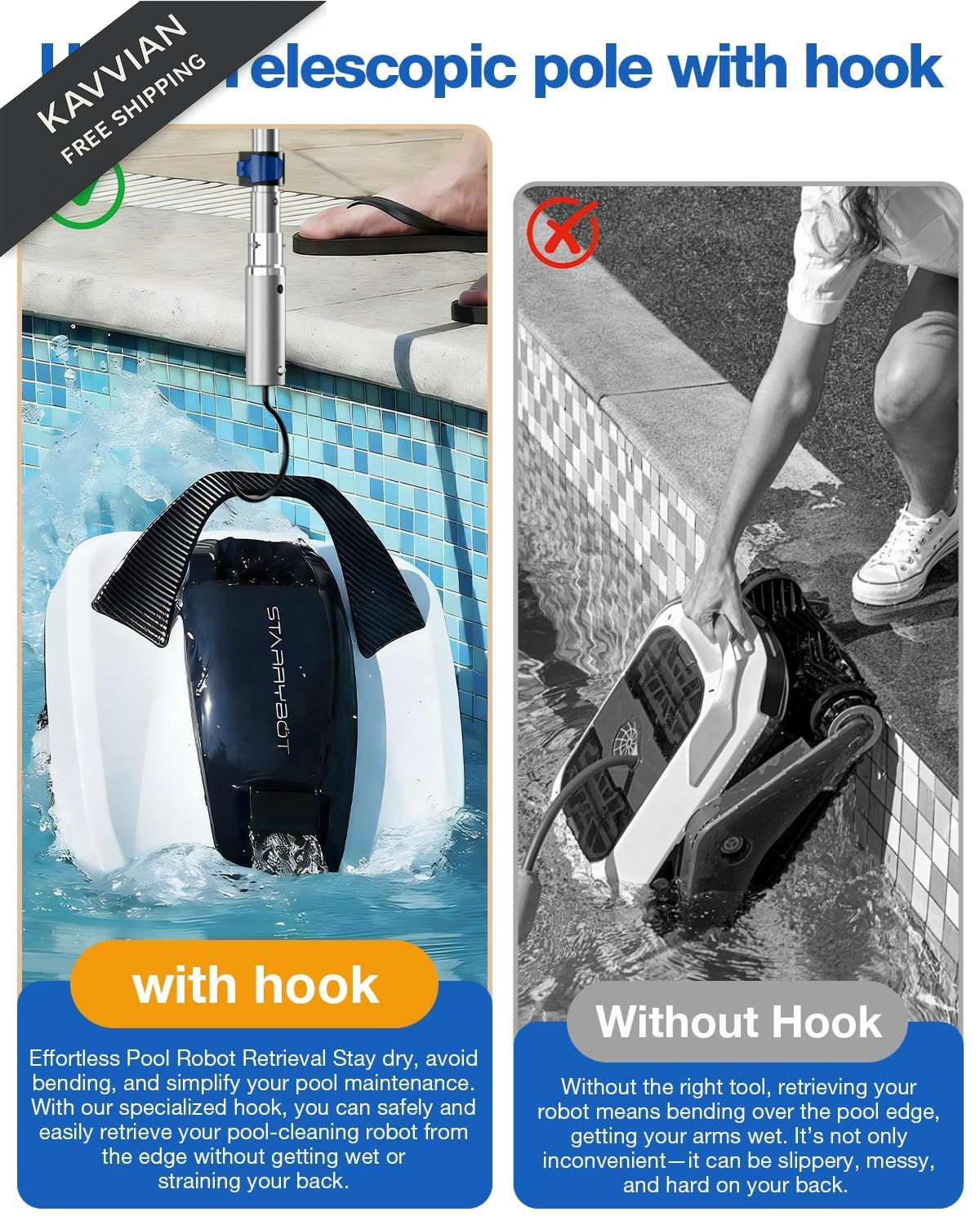 Pool Hook with Pole, 16FT Pole Hook, Black&Blue