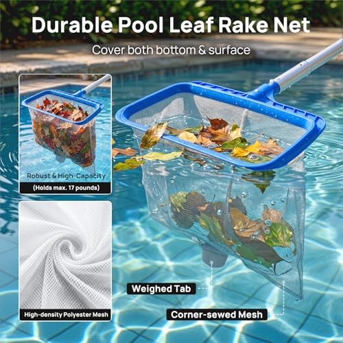 3-in-1 Pool Cleaning Kit Includes Leaf Rake Net, Wall Brush & Pole | 3PCS