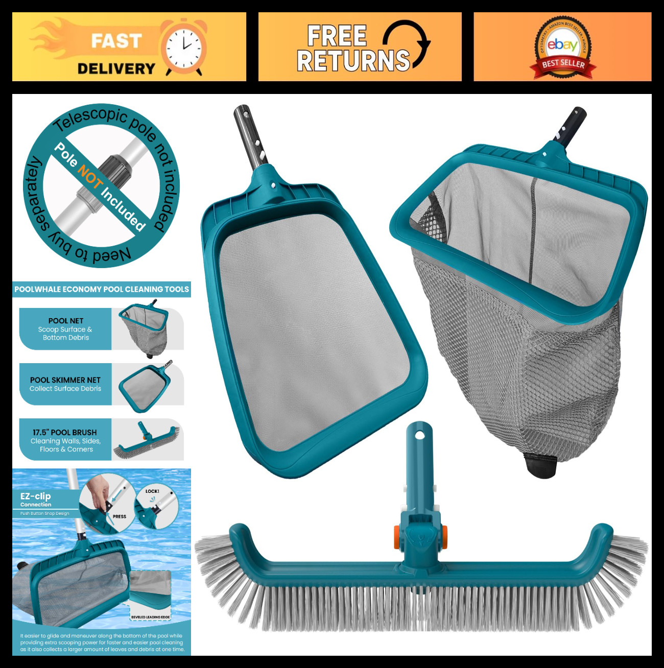 Economy Pool Cleaning Kit – Fine Mesh Rake, Leaf Skimmer & Rotatable Brush Head