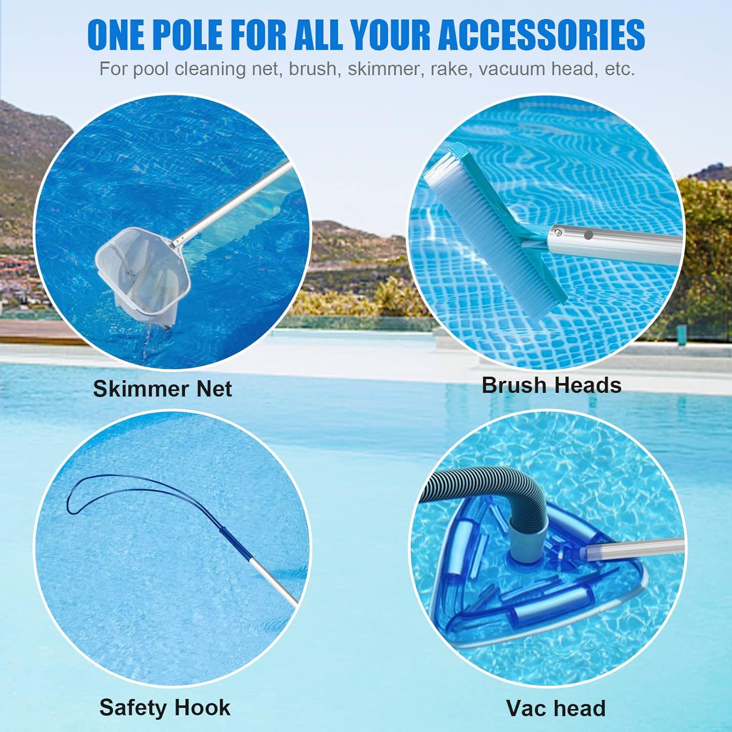 Professional 16 Foot Telescopic Aluminum Swimming Pool Pole – Attach Connect Ski