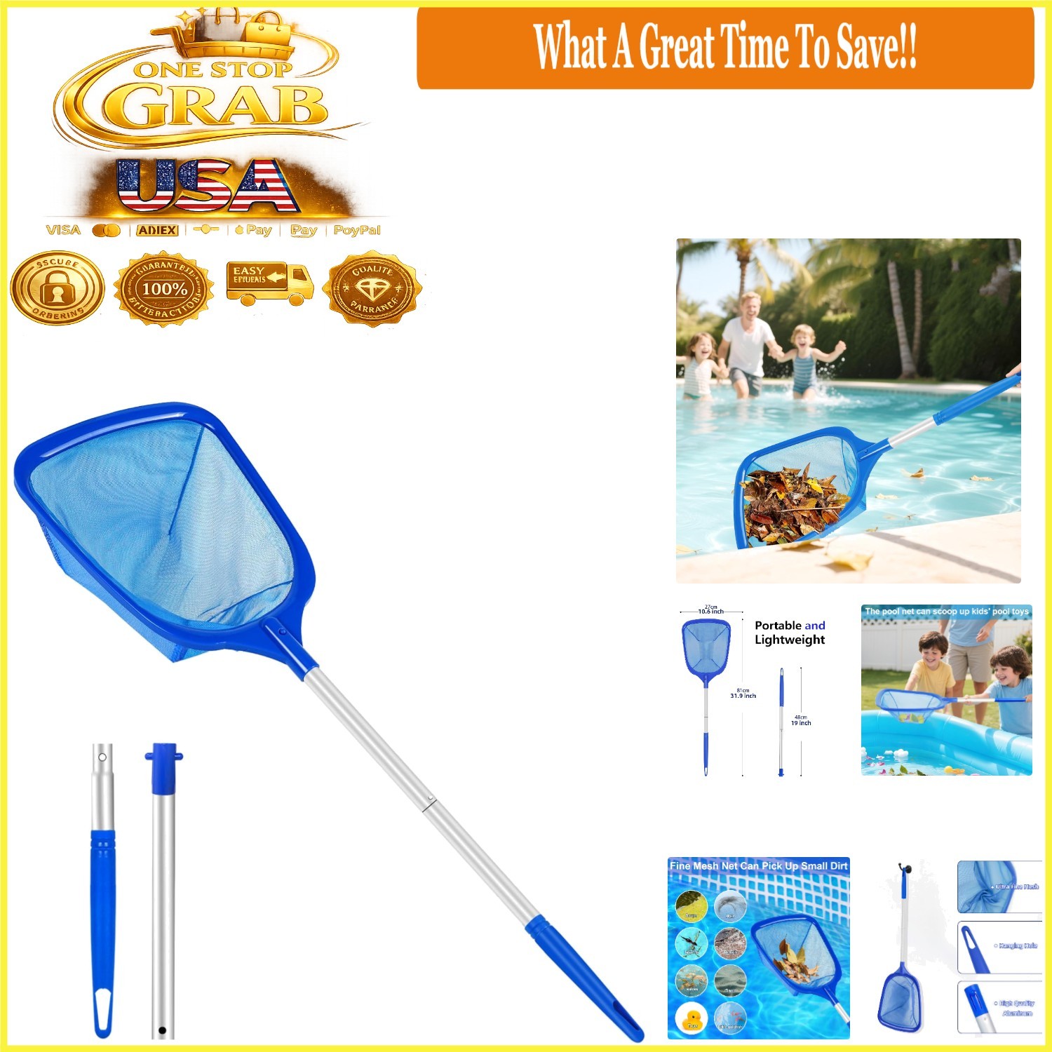 Hot Tub Pool Skimmer Net with 13 » Aluminum Pole Ultra-Fine Mesh Durable Ligh…