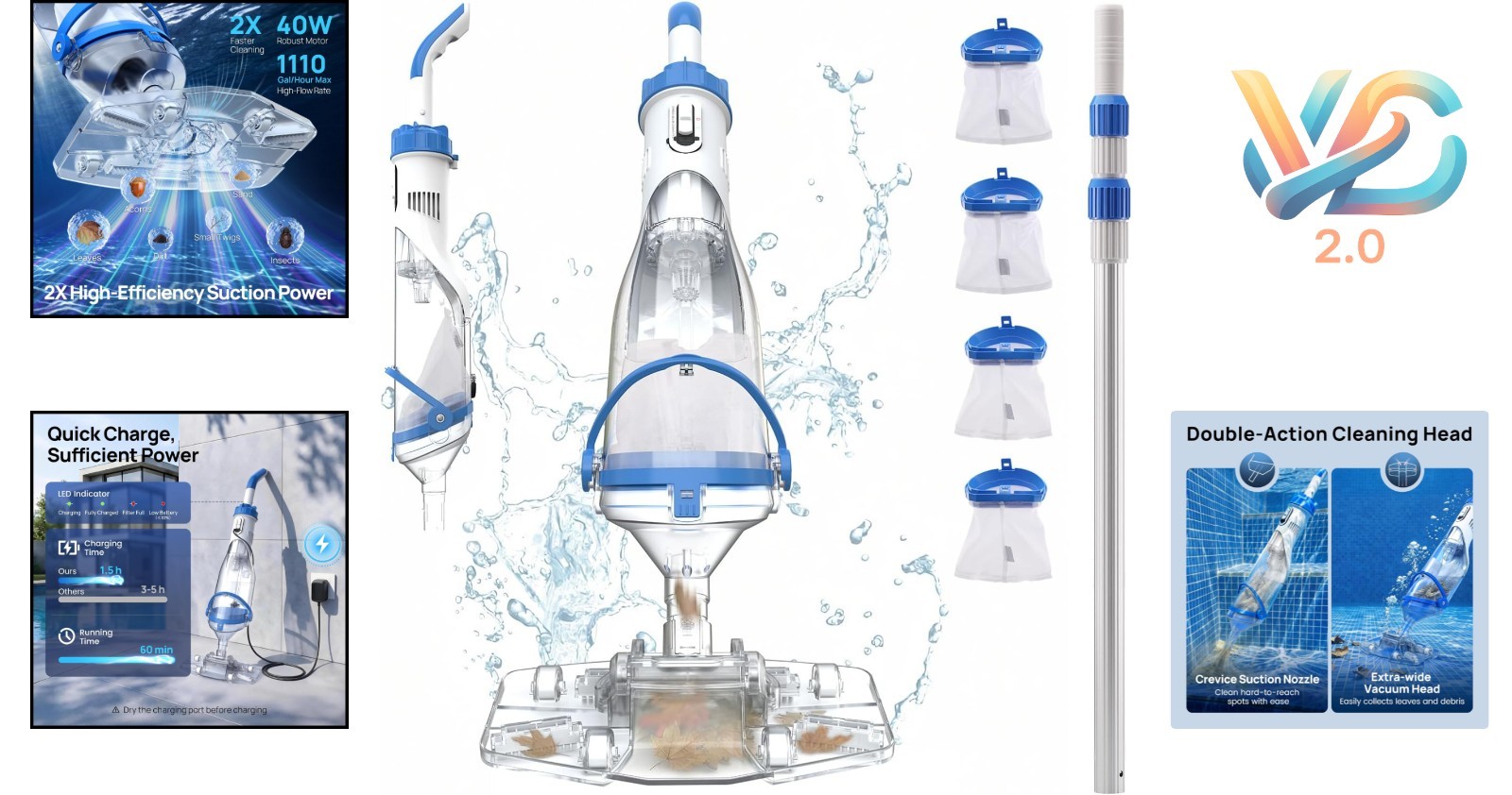 Cordless Pool Vacuum Handheld Rechargeable Cleaner 1100 GPH Light Blue