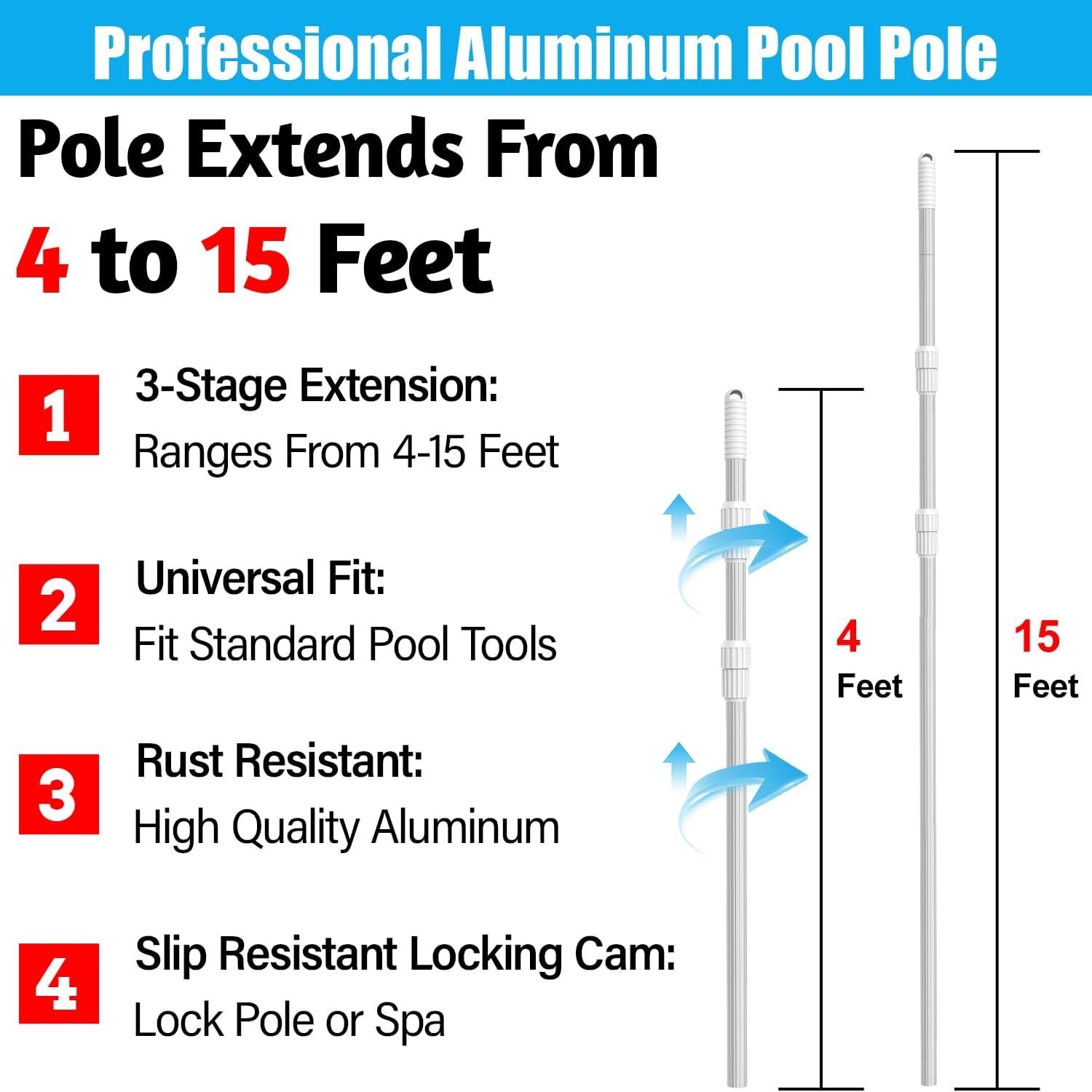 15ft Professional Pool Cleaning Pole Aluminum