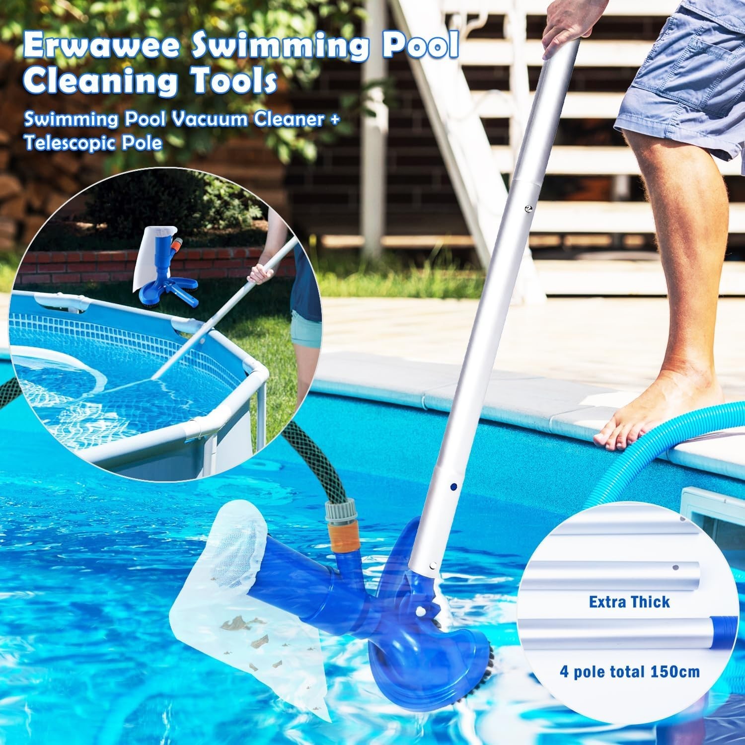 Portable Pool Vacuum Cleaner Kit with Telescopic Aluminium Pole & Fine Mesh L…