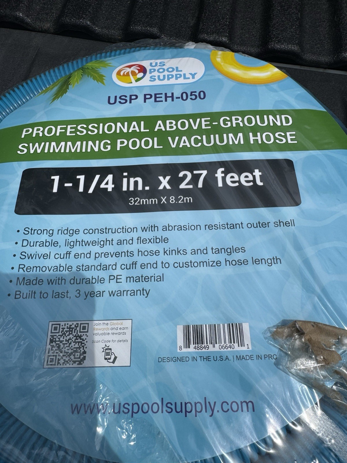 1-1/4&Prime; x 27 Ft Above Ground Swimming Pool Vacuum Hose, Swivel Cuff, Cut to Fit