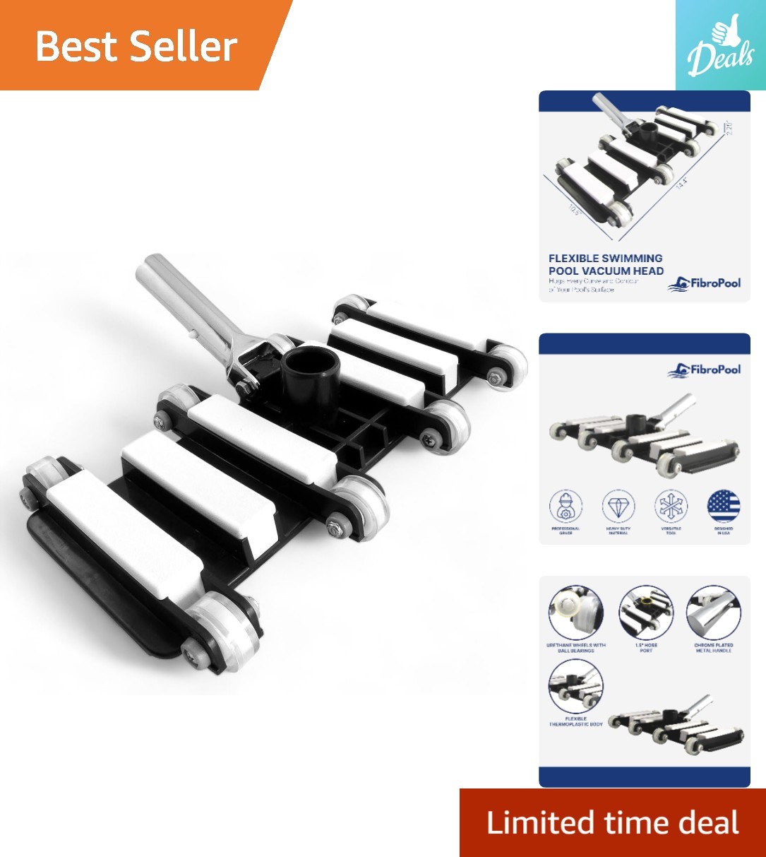 Extra-Wide Pool Vacuum Head with Chrome-Plated Handle & Smooth Rolling Wheels