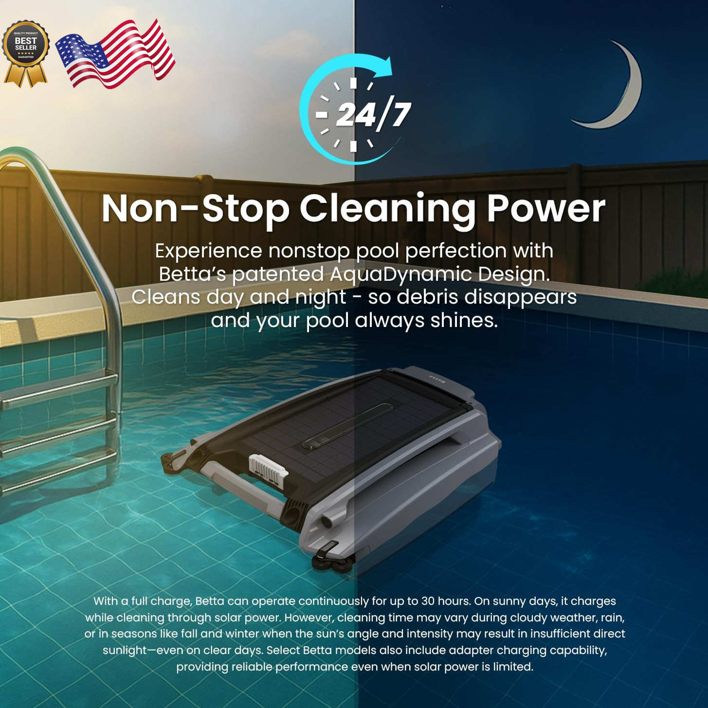 Betta SE Plus Solar-Powered Robotic Pool Skimmer with 24/7 Continuous Clean