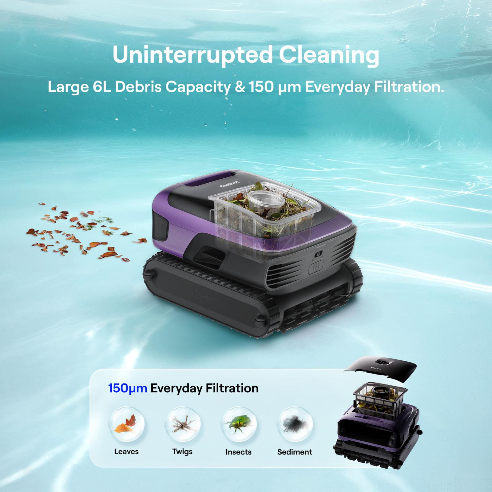 Beatbot Sora 70 Pool Vacuum Robot, 360° Top-to-Bottom Cleaning,Lilac