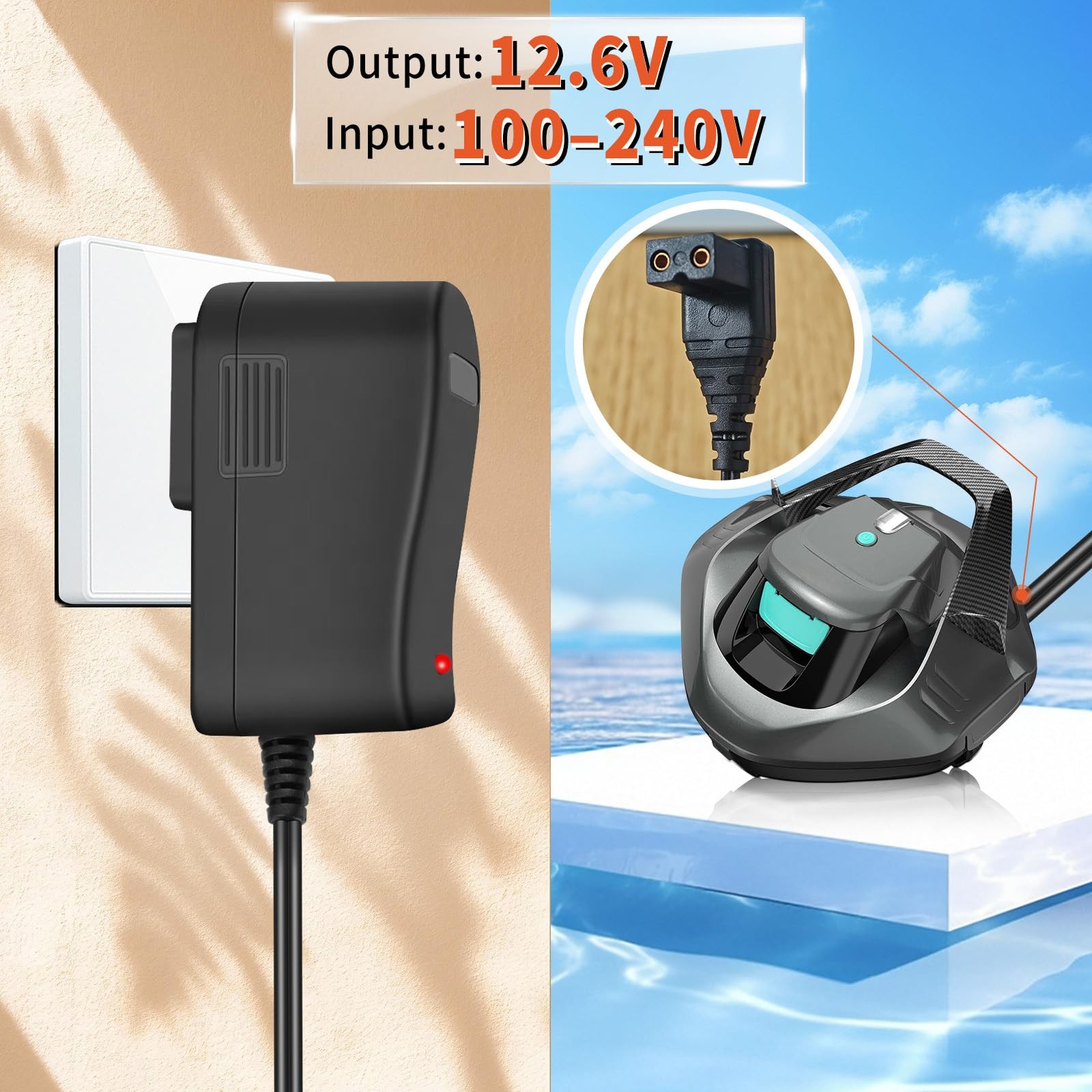 2-Pin 12.6V Power Adapter Charger for Aiper Seagull Pool Vacuum 600 black