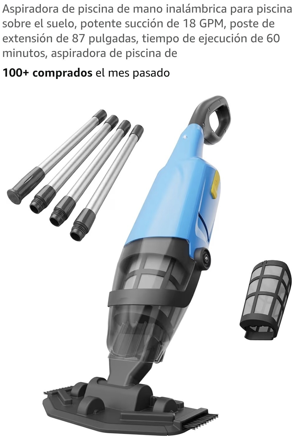 Cordless Pool Vacuum 18 GPM w/ 87 in Extension Pole, Filter for Above Ground