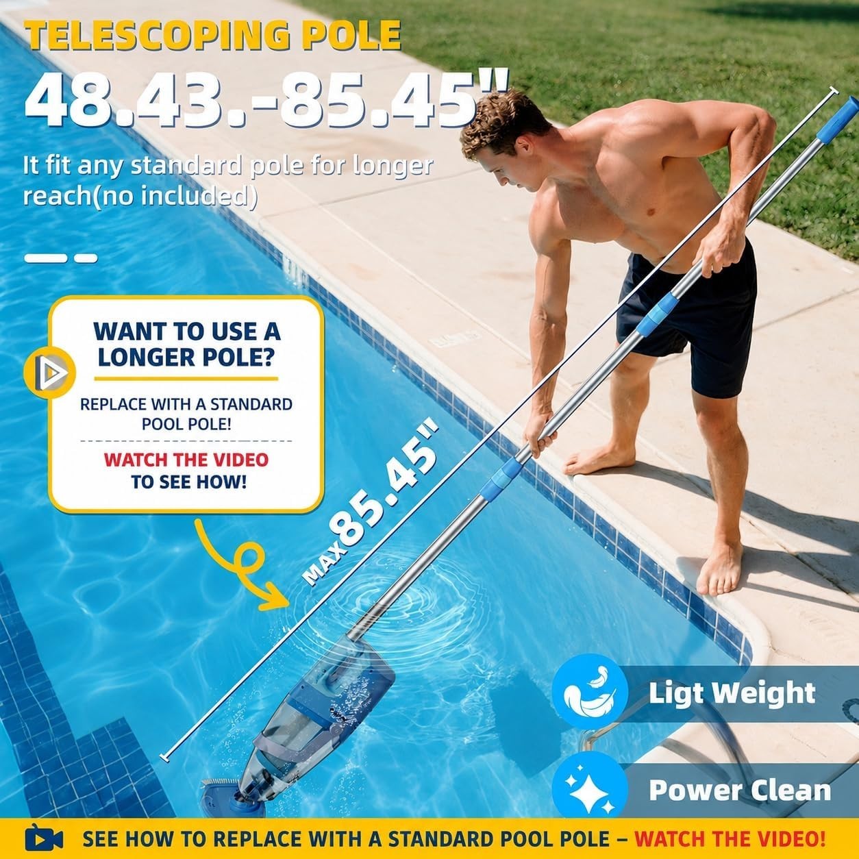Powerful Cordless Pool Cleaner – Dual Heads, Telescopic , Waterproof Design