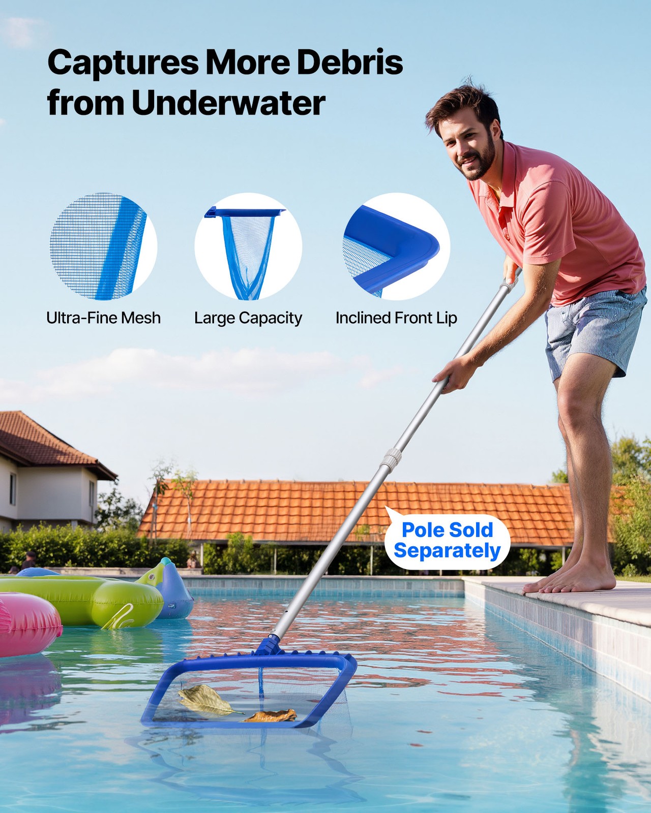 VEVOR Swimming Pool Cleaing Kit with Leaf Skimmer Bag Rake Nets & 2 Brush Heads