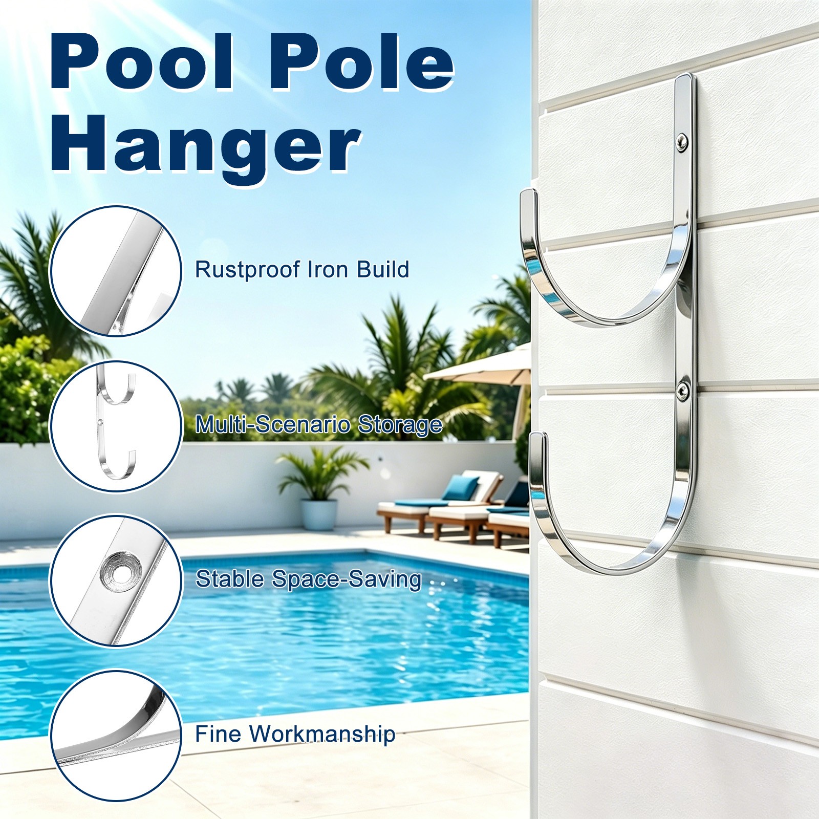 2-Pack Pool Pole Hanger, Iron Pool Hooks with Screws for Garden Tools [Silver]