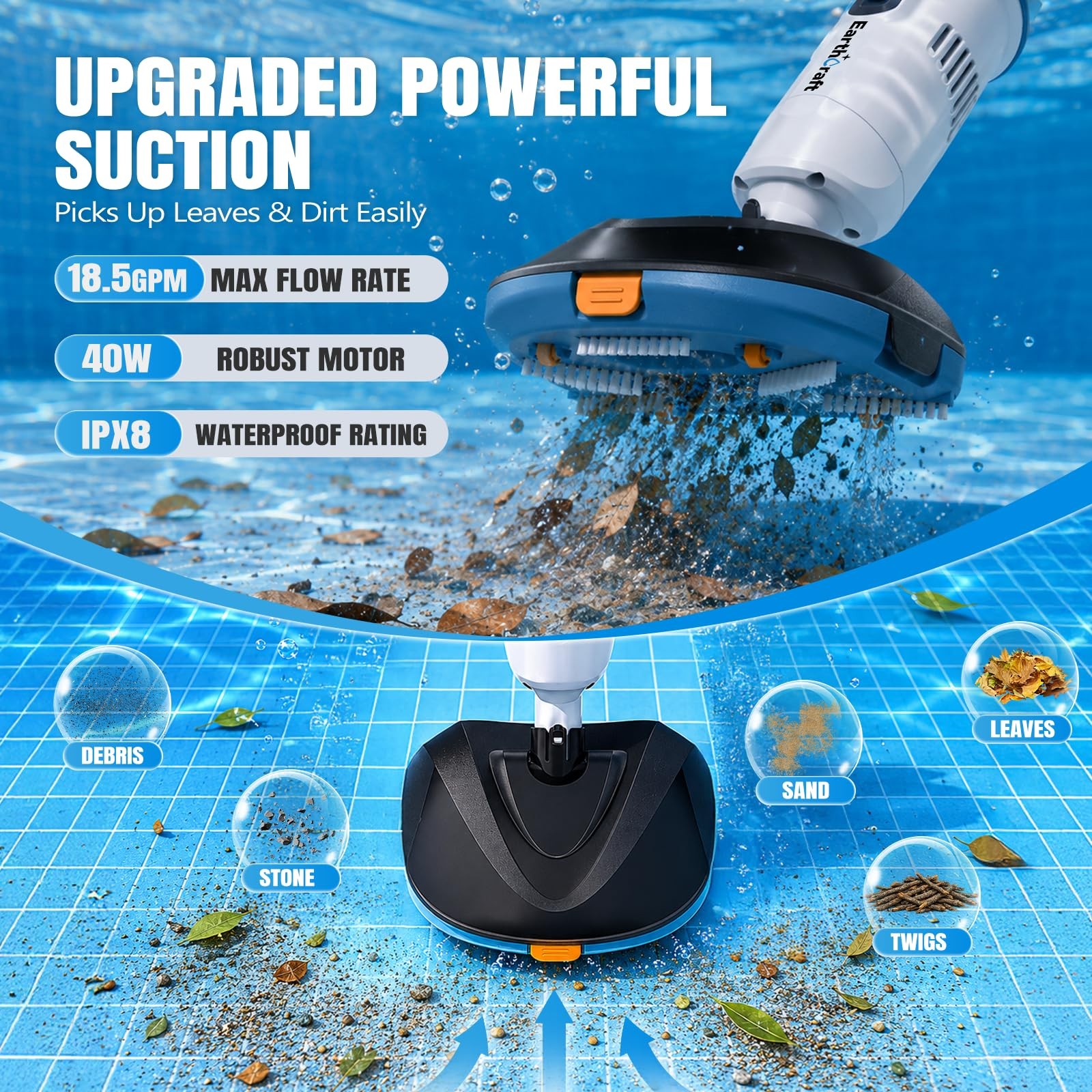 18.5 GPM Suction Pool Vacuum for Above Ground Pool,Hot Tubs,Spas