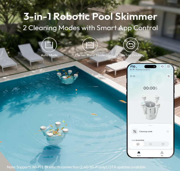 BUBLUE F10 Robotic Pool Skimmer Surface Cleaner App Control AI Navigation White