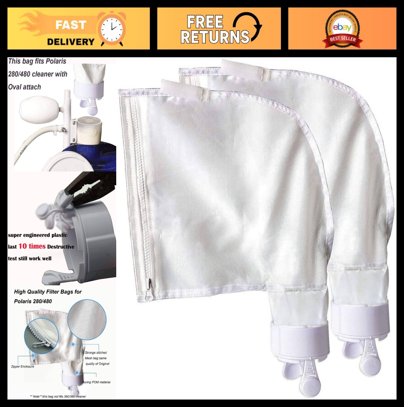Nylon Mesh Pool Cleaner Bag – All Purpose Fits Polaris 280 480 – Zippered K13 K1