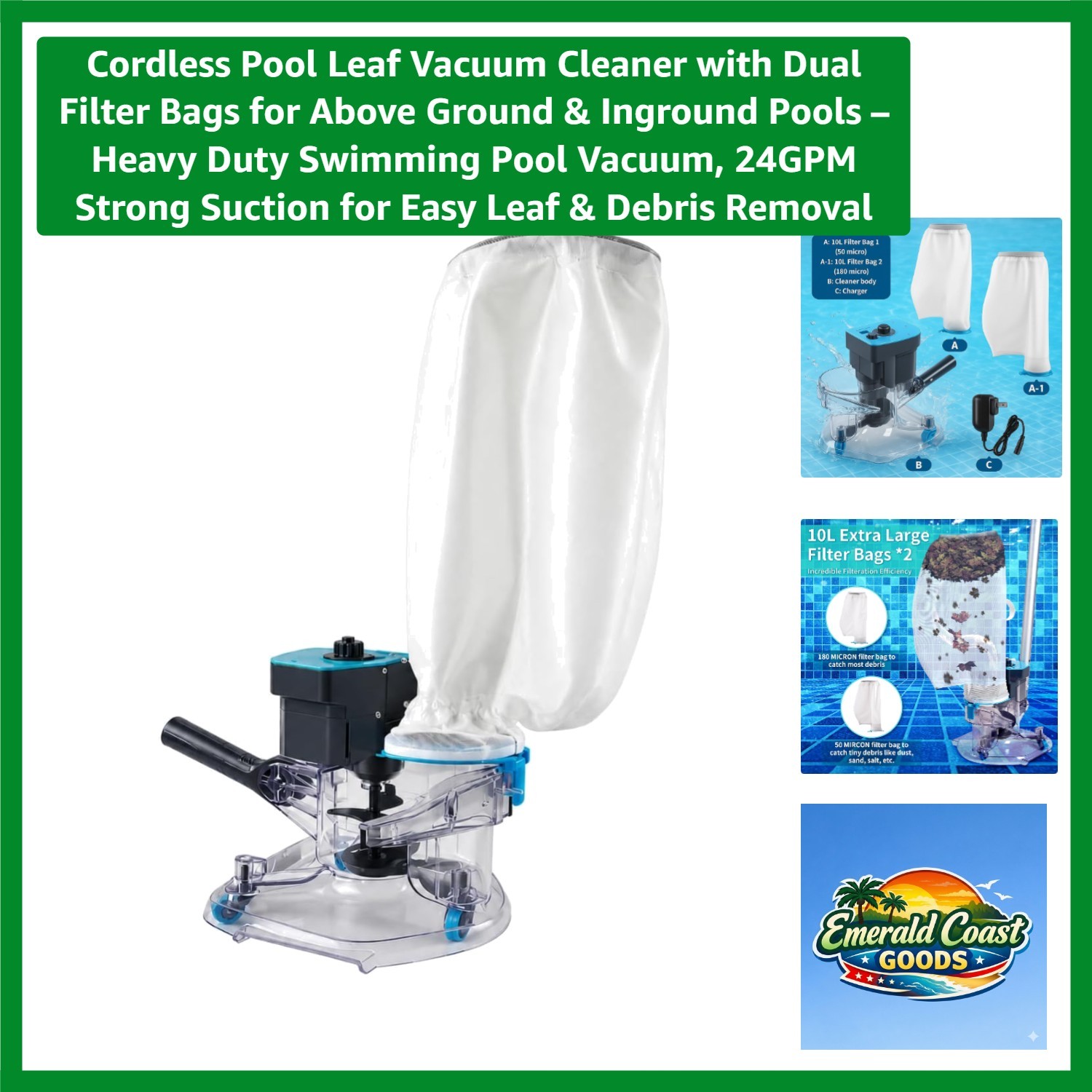 Heavy Duty Cordless Pool Leaf Vacuum – Dual Filter, Quick Charge, 75 Min Runtime