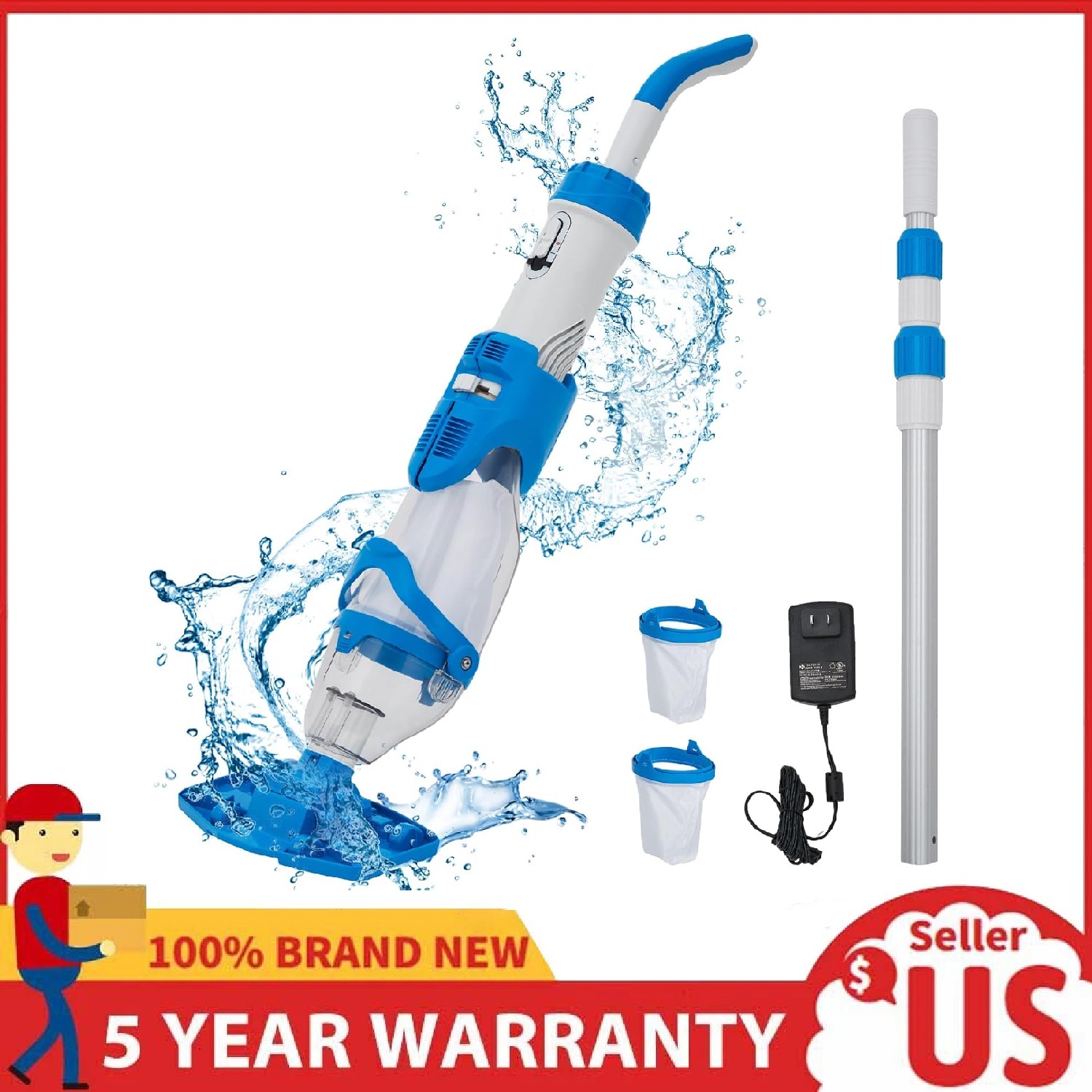 Cordless Rechargeable Pool Vacuum Handheld Cleaner ,with Telescopic Pole 60 Mins