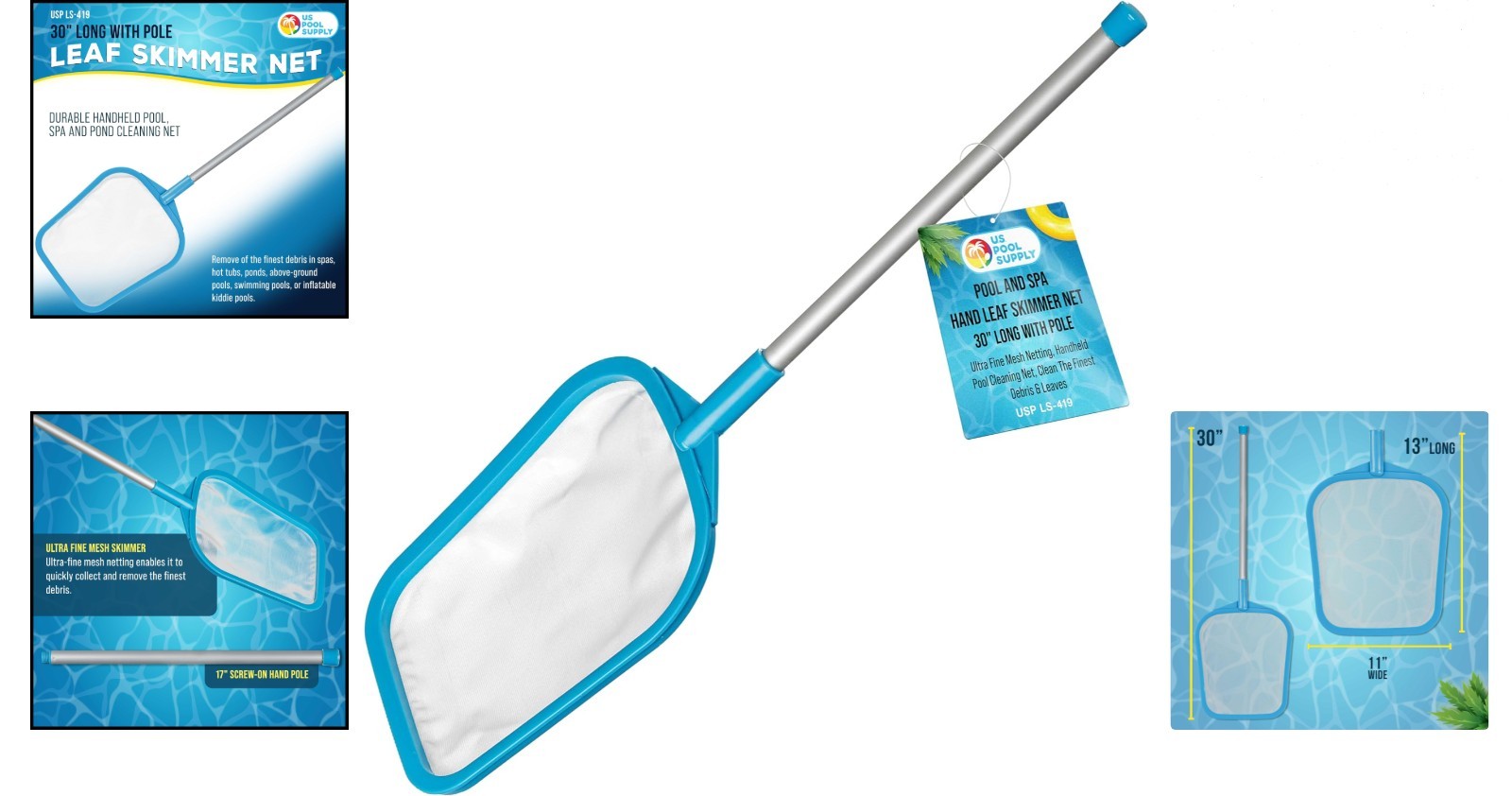 Pool Skimmer Net with Pole 17 inch Ultra Fine Mesh Leaf Scoop for Pools & Hot…