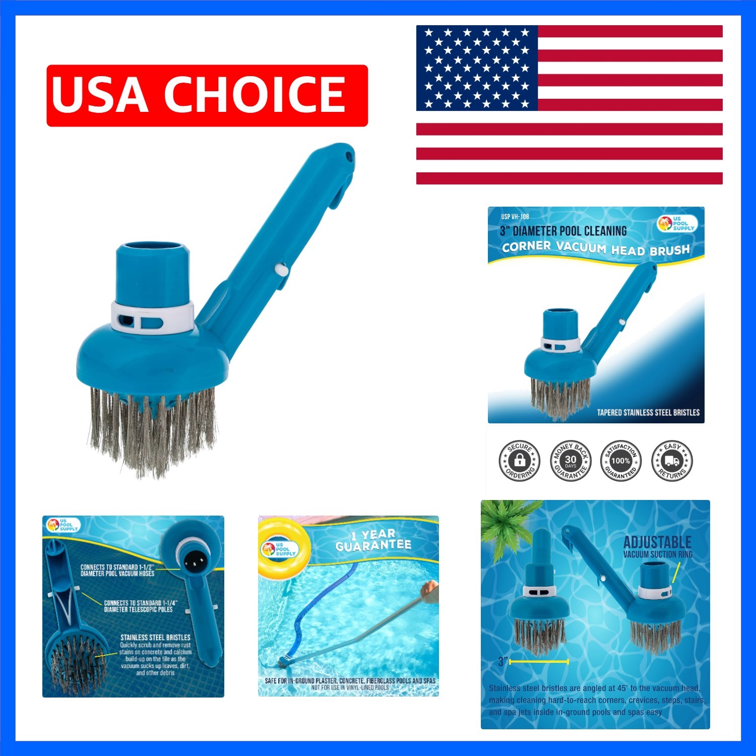 Corner Vacuum Head Brush with Stainless Steel Bristles, Adjustable Suction Ri…