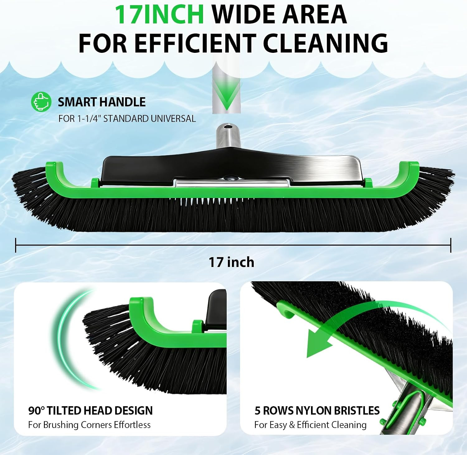 Wide Pool Brush Head, Heavy Duty Pool Scrub Brush with 12-Rows Soft Bristles, In