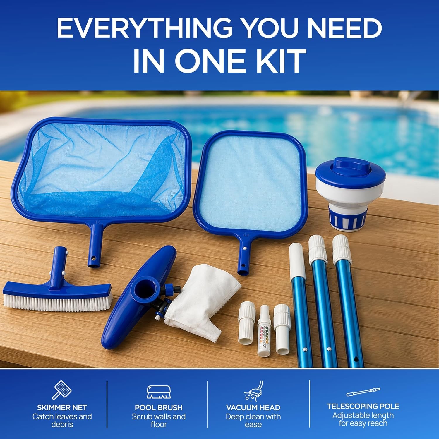 Complete Above Ground Pool Maintenance Kit Skimmer Vac Pool Brush Strips