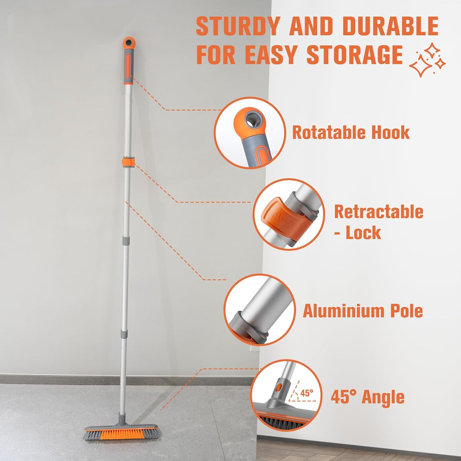 Floor Scrub Brush Long Handle 2 in 1 Deck Brush Squeegee 60 In Garage Cleaner