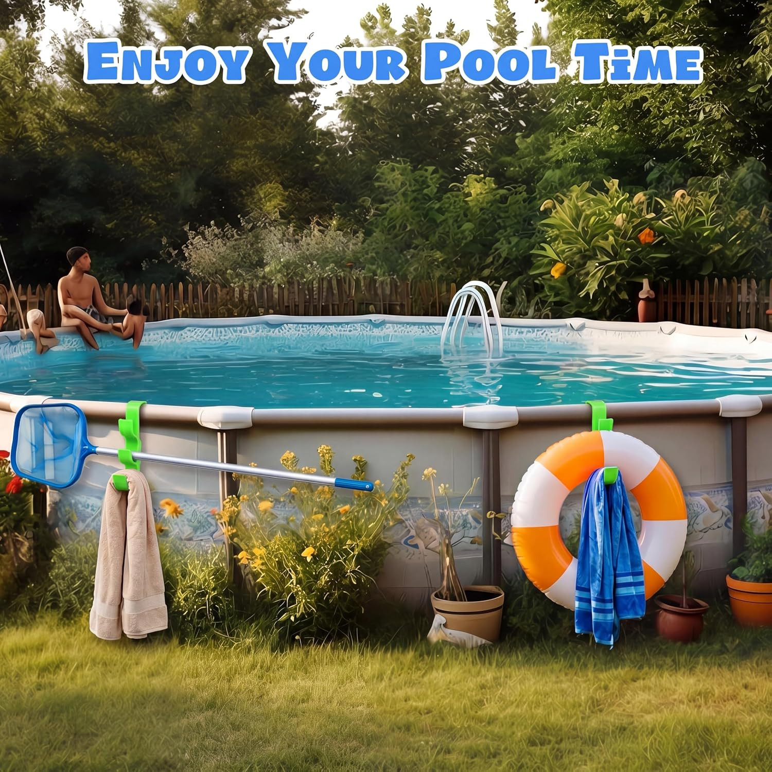 2 Pack Adjustable Pool Pole Hanger with 3 Hooks, Pool Fence Hooks Clip-On Poolsi