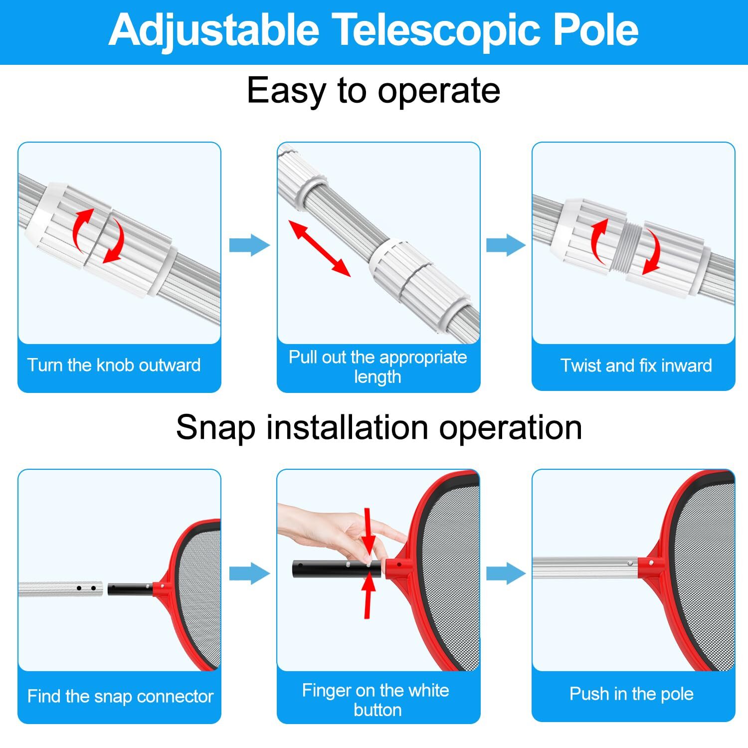 Professional 15 Foot Swimming Pool Pole Telescopic Aluminum Fits Pool Net Ski…