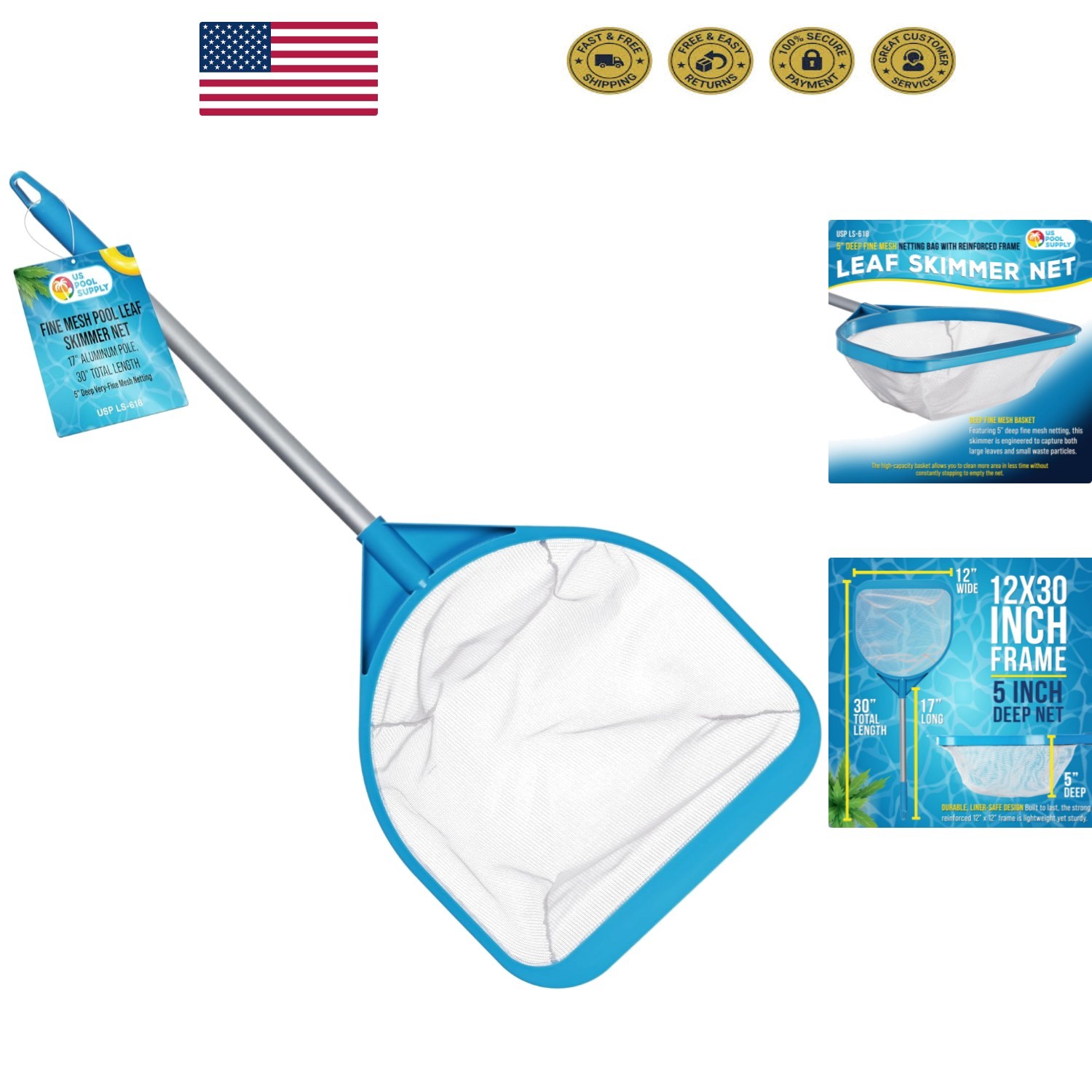 Versatile 30&Prime; Pool Skimmer Net with Durable Handle – Leaves and Debris Removal